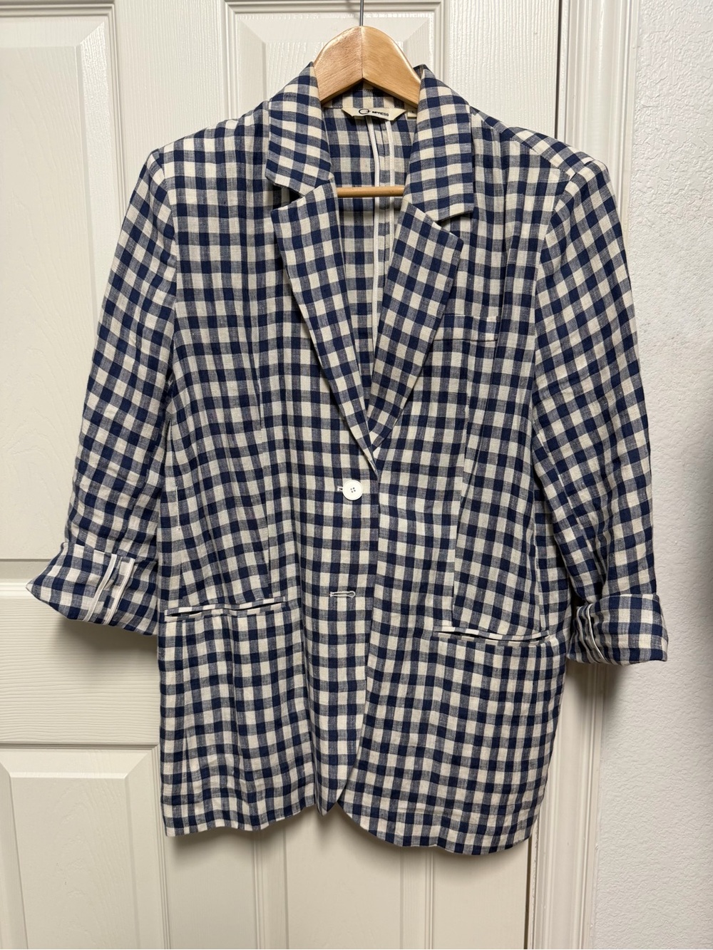Women's Navy & White Gingham Blazer, 100% linen, oversized